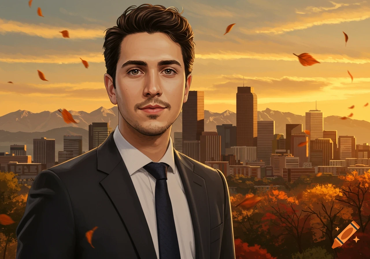 A man in a suit stands against a stylized city skyline with mountains and falling autumn leaves at sunset.