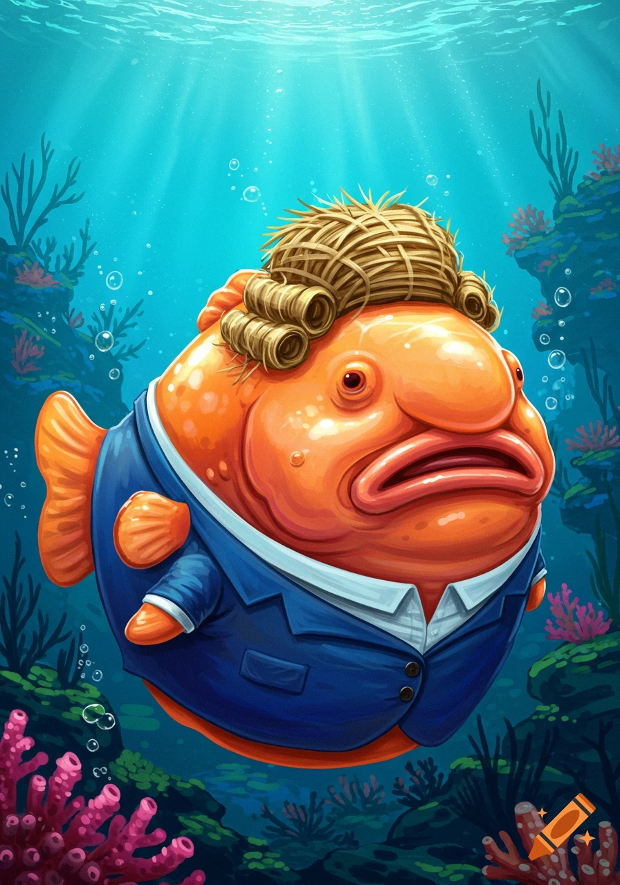 A cartoon illustration of an orange blobfish wearing an oversized blue suit and a hay wig, swimming underwater among colorful coral.