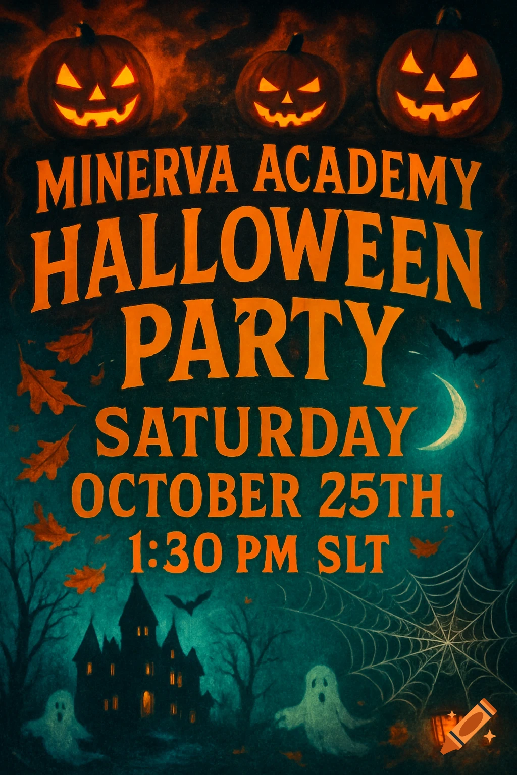 A dark, stylized Halloween party poster with three glowing jack-o'-lanterns, a haunted house, ghosts, bats, and a crescent moon. Text reads: MINERVA ACADEMY HALLOWEEN PARTY, SATURDAY OCTOBER 25TH. 1:30 PM SLT.