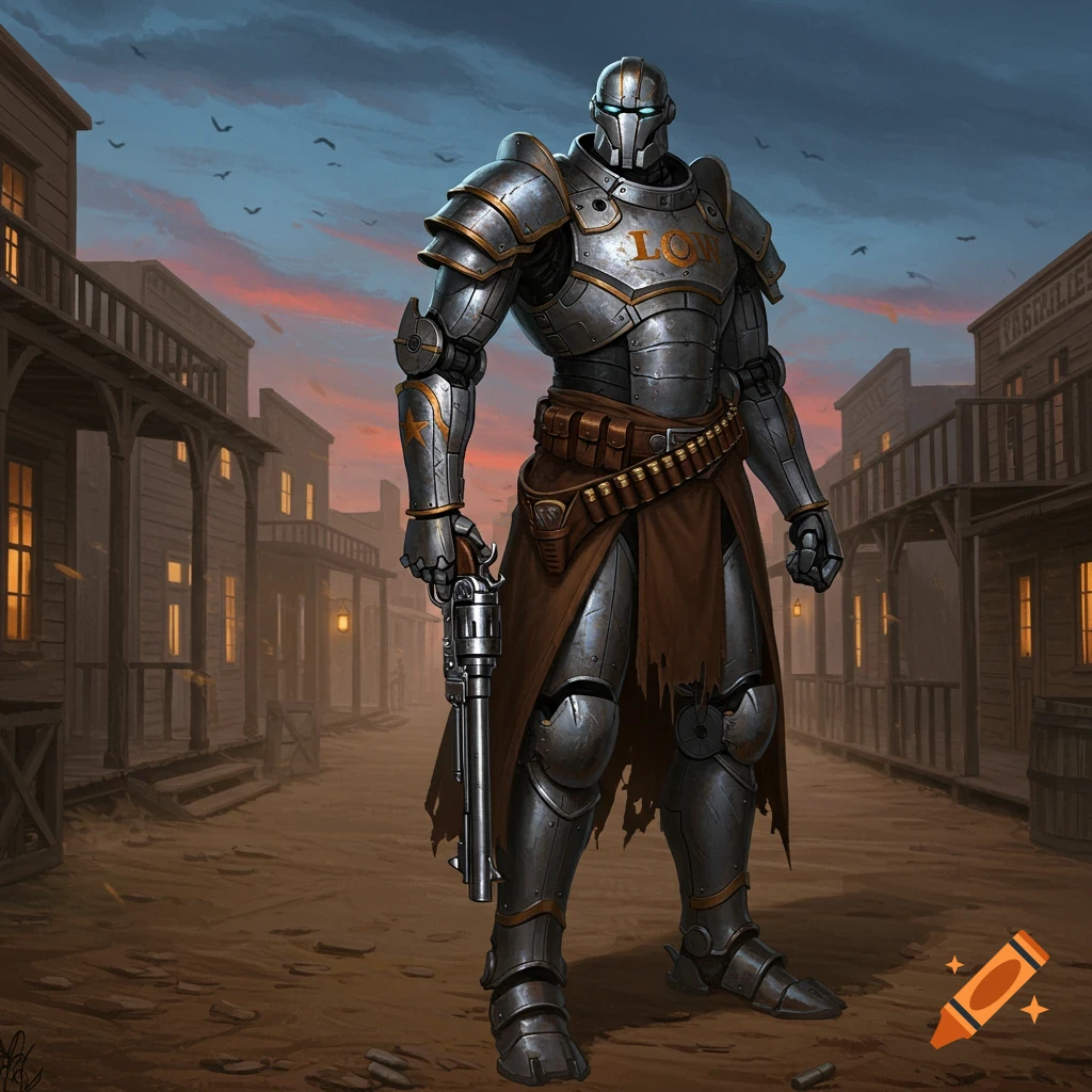 A heavily armored robot in a Wild West town street at dusk, holding a large revolver.