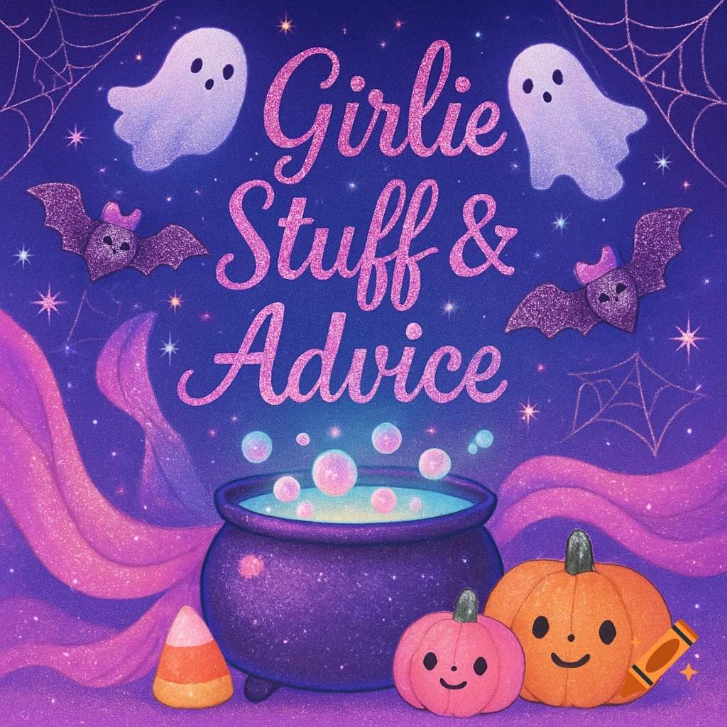 A cute, sparkly Halloween illustration with ghosts, bats, pumpkins, a cauldron, candy corn, and the text 'Girlie Stuff & Advice'.