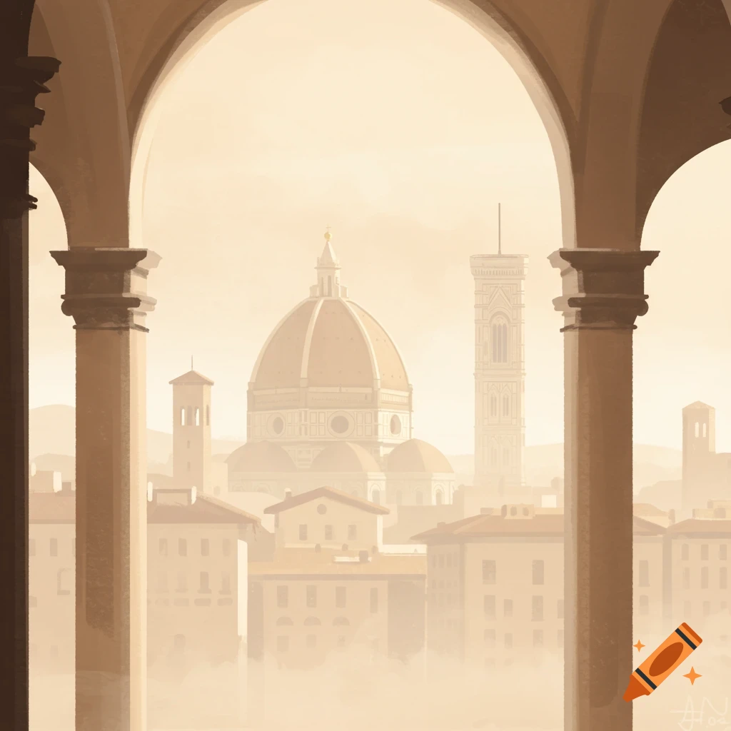 A stylized, sepia-toned view of Florence, Italy, with the Duomo and Giotto's Bell Tower framed by arches.