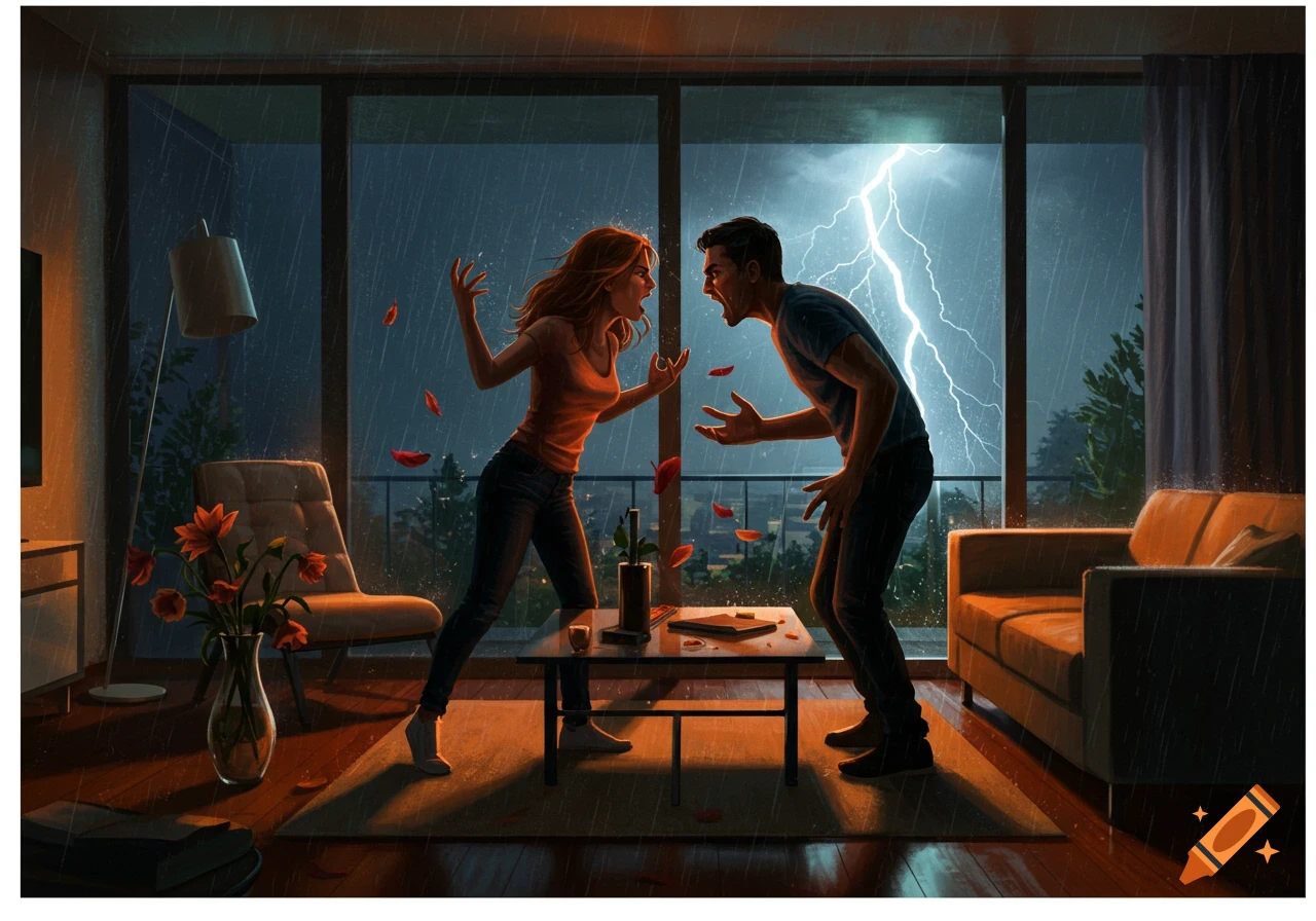 A couple arguing passionately indoors in front of large windows during a heavy rainstorm with lightning flashing.