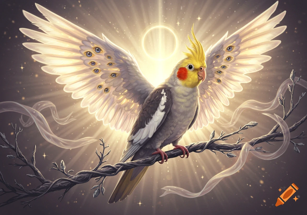 A majestic cockatiel with multi-eyed angelic wings perches on a branch amidst glowing light rays and ethereal ribbons.