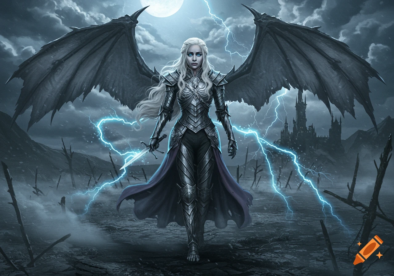 Armored Daenerys Targaryen with dragon wings, glowing blue eyes, holding a sword in a stormy, desolate landscape with lightning and a distant castle.