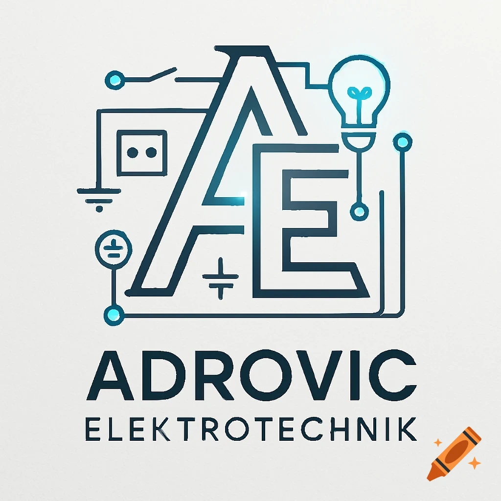 A modern logo features stylized "AE" initials intertwined with electrical circuit symbols, with "ADROVIC ELEKTROTECHNIK" text below.