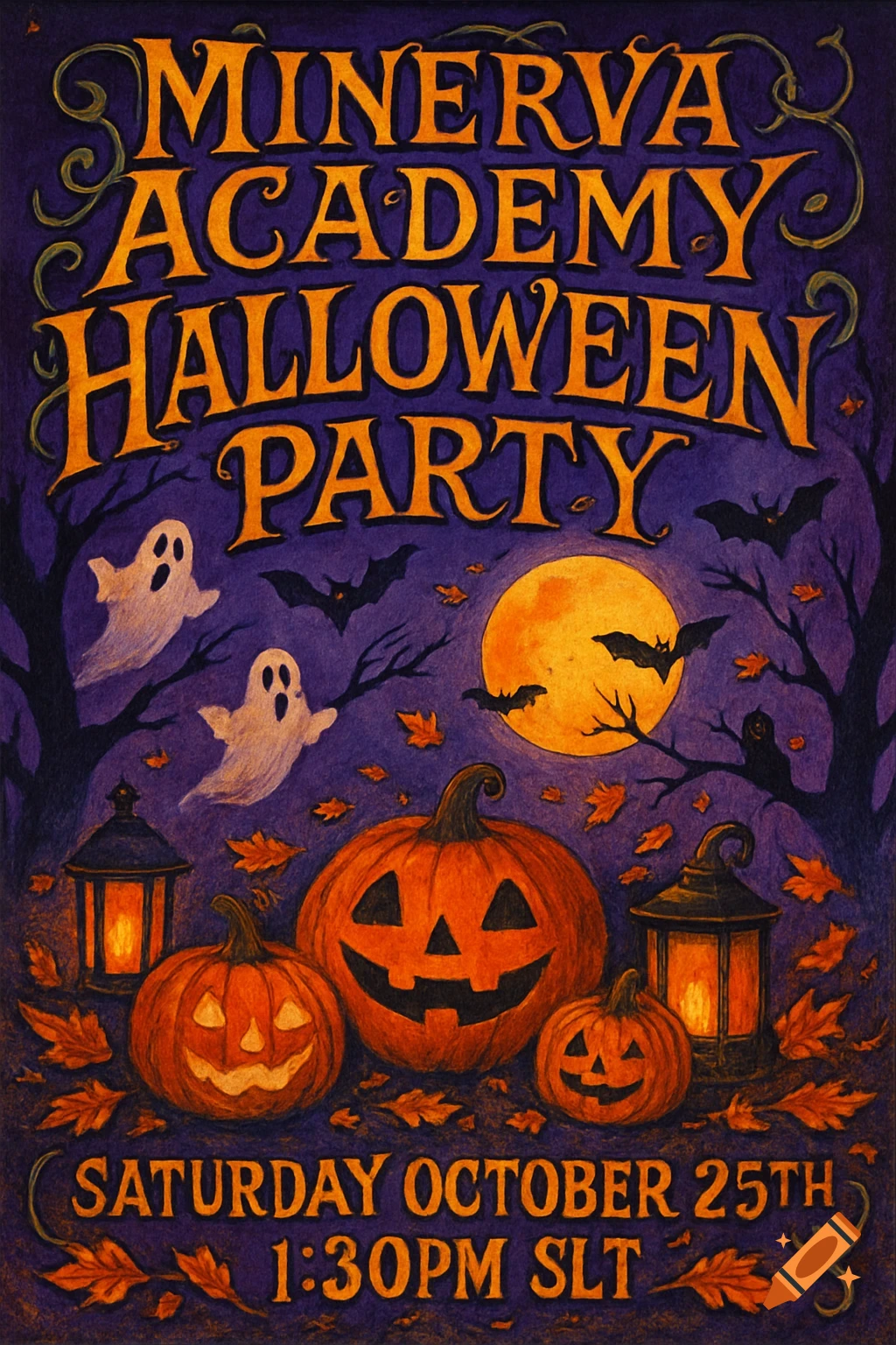 A festive Halloween party poster with "MINERVA ACADEMY HALLOWEEN PARTY" at the top, and "SATURDAY OCTOBER 25TH 1:30PM SLT" at the bottom. The background features jack-o'-lanterns, ghosts, bats, a full moon, and glowing lanterns, all in a painted style.