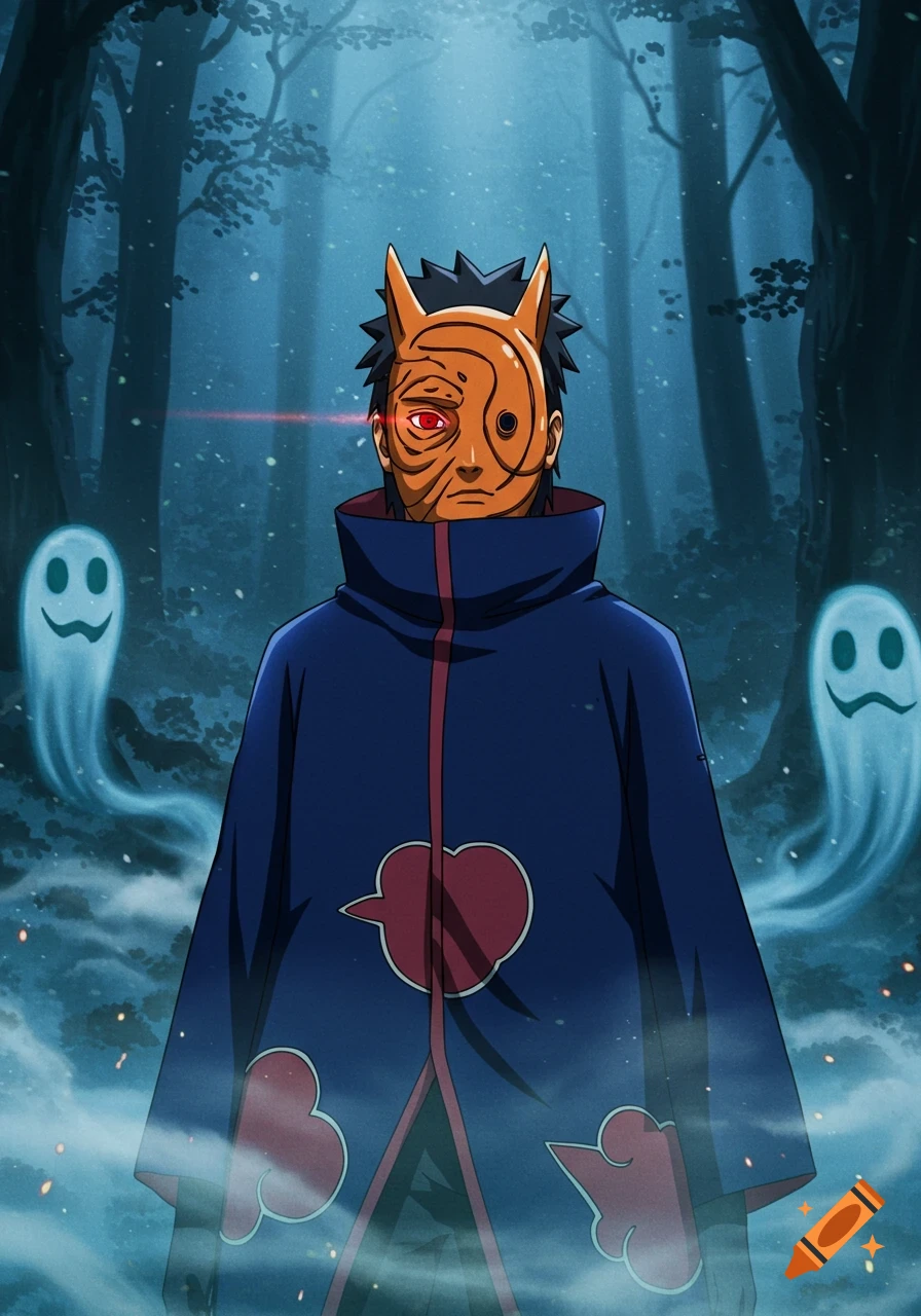 Obito Uchiha in his orange swirly mask and dark blue cloak with red clouds stands in a misty forest with two smiling ghosts.
