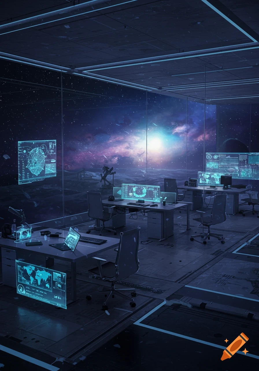 A futuristic office with holographic screens overlooking a vibrant galaxy and planet surface.