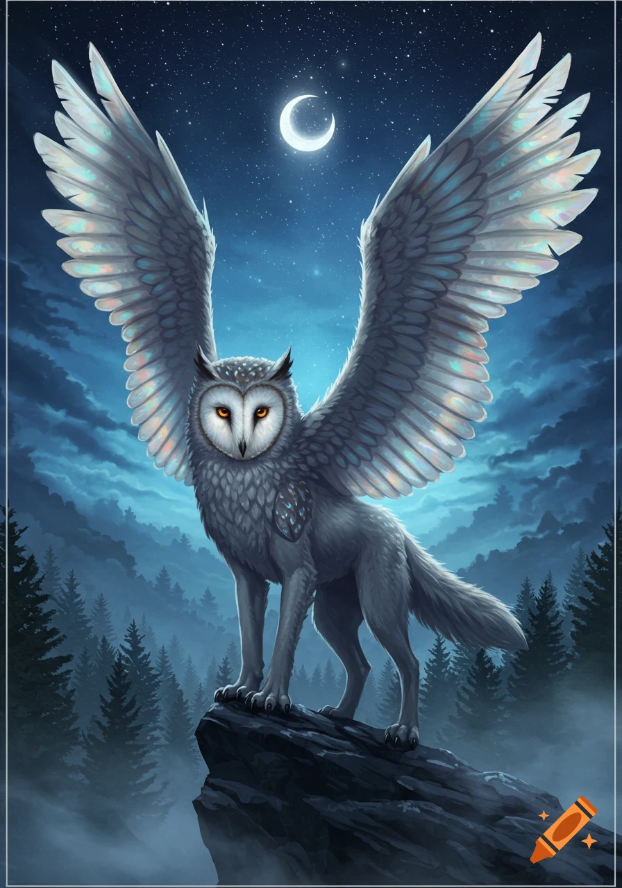 A majestic winged wolf with an owl's head and orange eyes stands on a rock at night under a crescent moon.