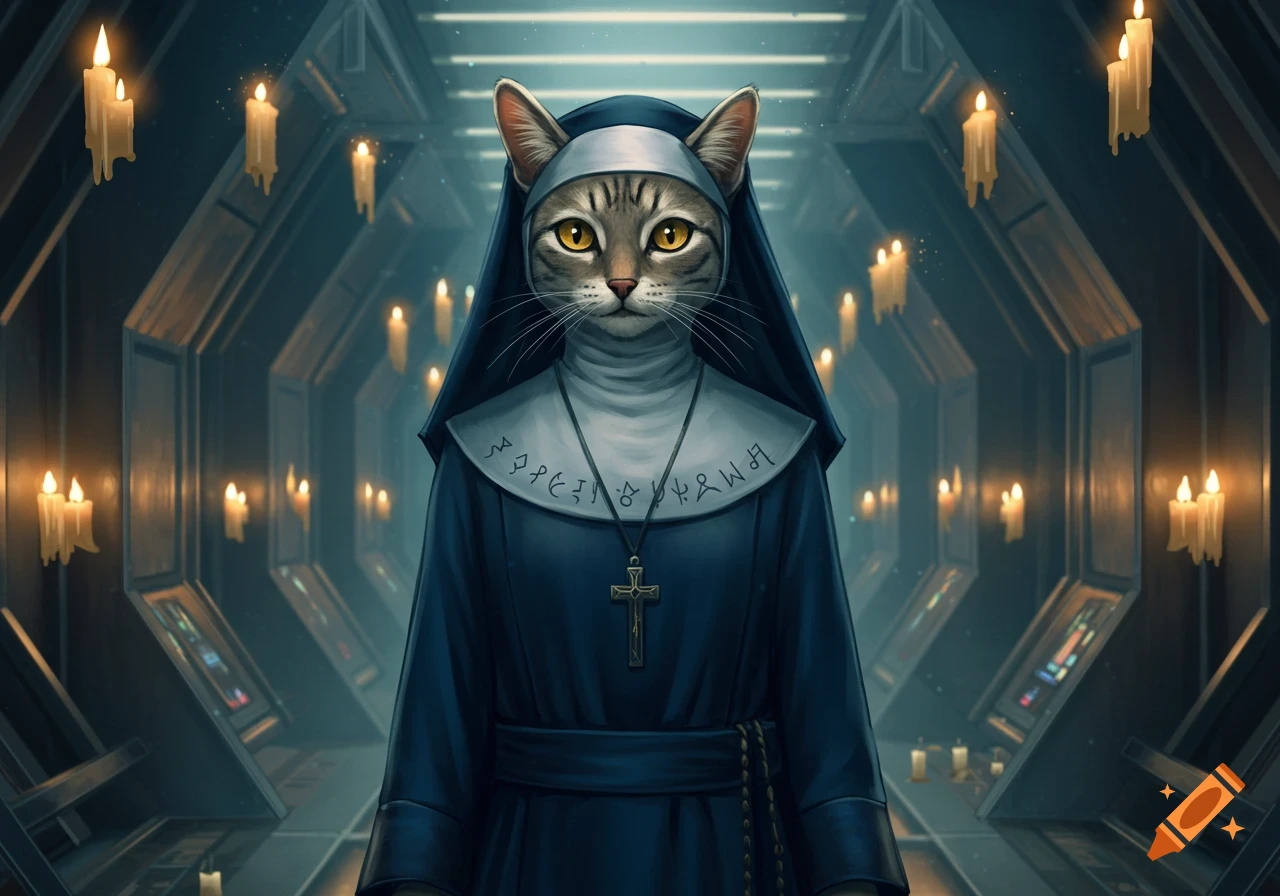 A tabby cat dressed as a nun with a crucifix pendant stands in a candlelit, futuristic corridor.