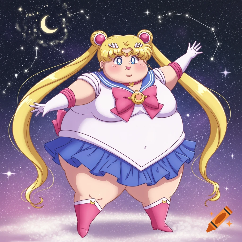 An obese anime Sailor Moon character in her uniform, posing against a starry night sky with constellations and a crescent moon.