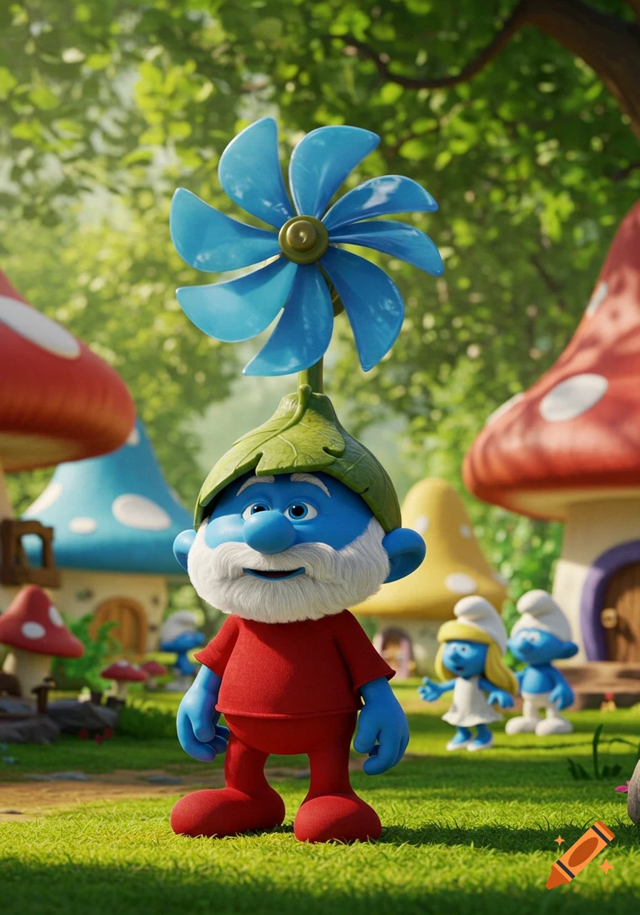 Papa Smurf with a blue pinwheel on his head, standing in a vibrant Smurf village with mushroom houses. Smurfette is in the background.