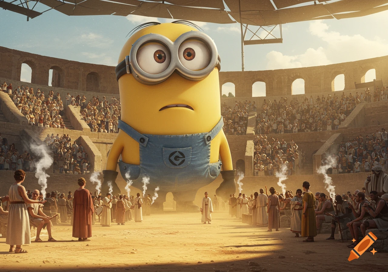 A giant, confused Minion stands in a coliseum arena, surrounded by people in ancient Roman clothing and rising smoke.