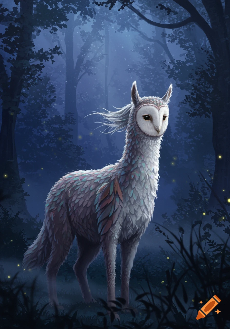 A mystical creature with an owl's face and an alpaca's body, covered in feathers, stands in a dark, misty twilight forest.