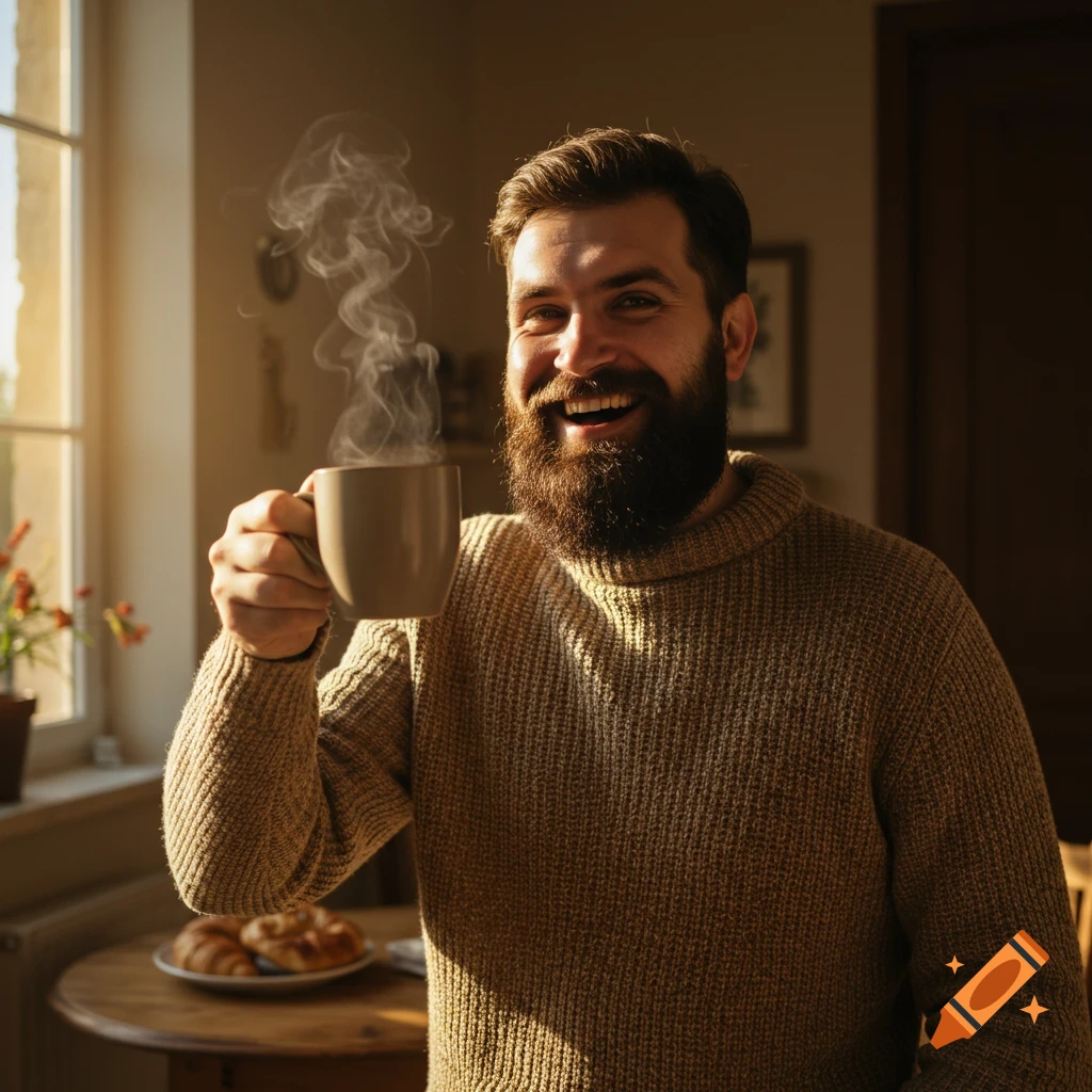 Smiling bearded man in a sweater holding a steaming coffee mug in a sunlit room with pastries.