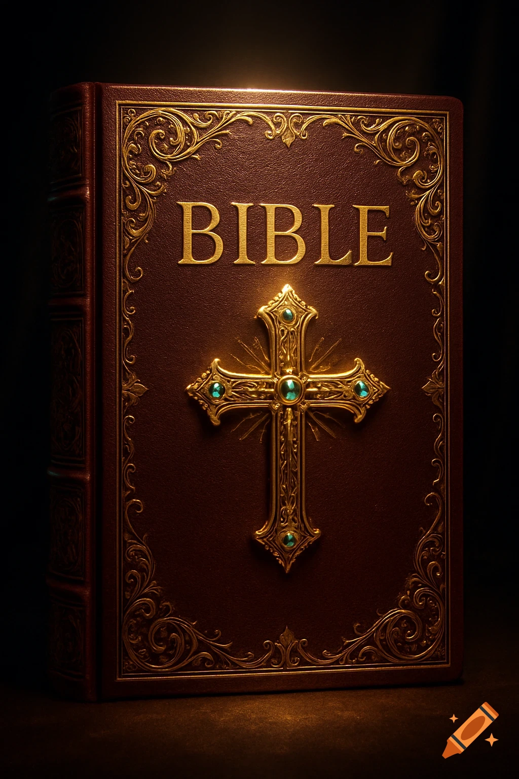 A dark red Bible cover with ornate gold filigree, a gold cross with green gems, and the word 'BIBLE' embossed in gold.