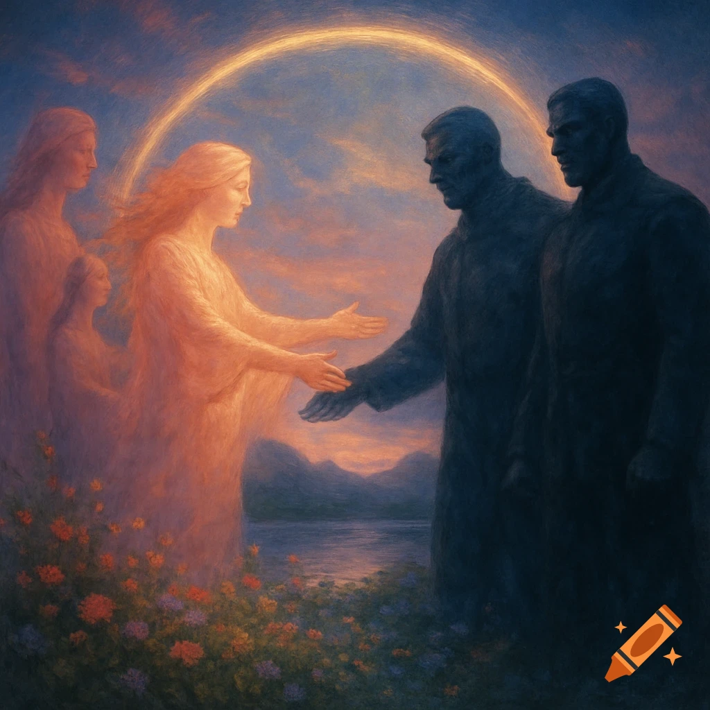 Ethereal painting of a glowing woman reaching out to a shadowy man under a golden arc in a spiritual landscape with flowers, a lake, and mountains.