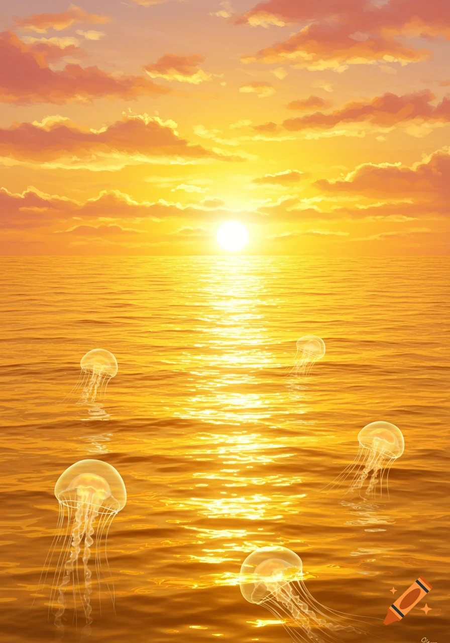 Translucent jellyfish float in a vibrant, golden ocean during a sunset with warm, cloudy skies.