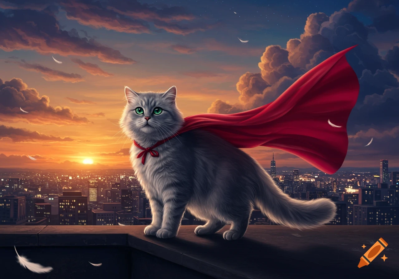 A fluffy gray cat in a red superhero cape stands on a city rooftop at sunset.
