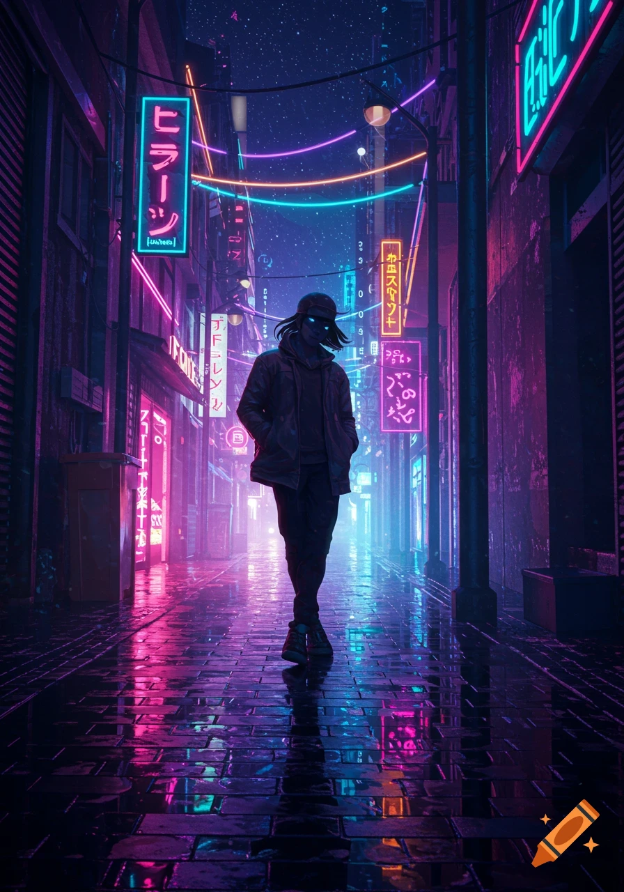 A solitary figure with glowing blue eyes and a dark jacket walks down a wet cyberpunk street at night, illuminated by vibrant pink and blue neon signs reflecting on the pavement.