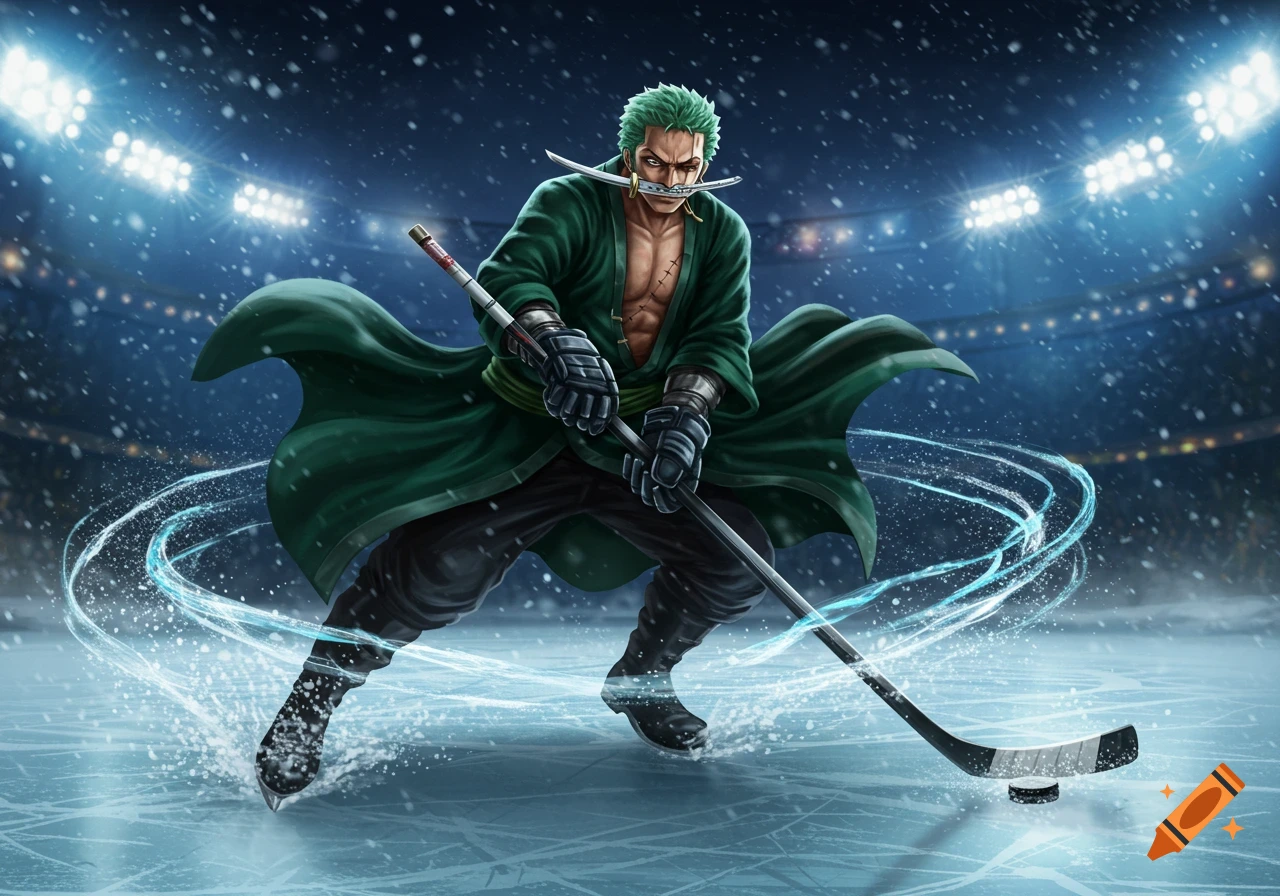 Zoro from One Piece, with a sword in his mouth, ice skating and holding a hockey stick in a brightly lit arena.