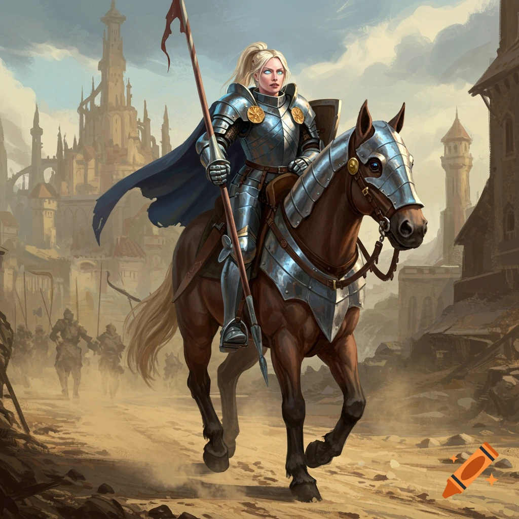 Female knight in shining armor on an armored horse rides a dusty road towards a fantasy city, other figures in distance. Painterly fantasy.