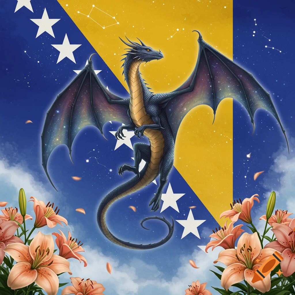 A majestic blue dragon with starry wings flies against the Bosnian flag, with orange lilies blooming at the bottom.