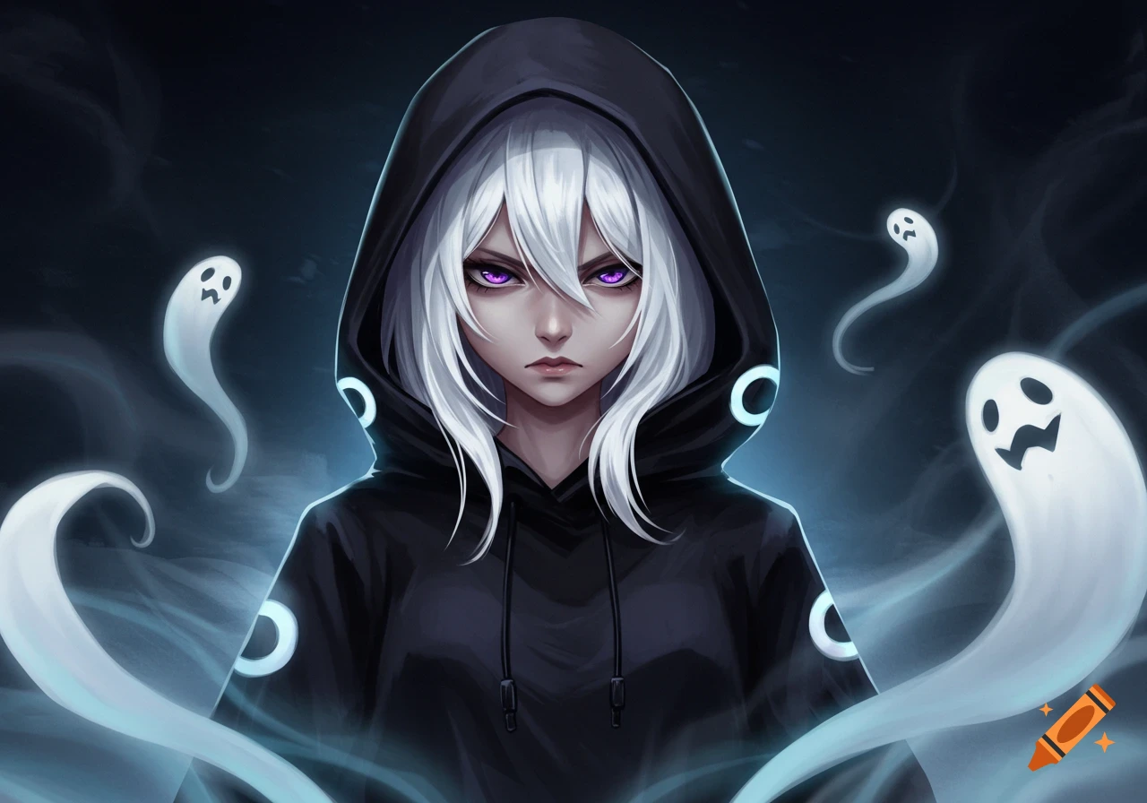 An anime girl with long white hair and intense purple eyes, wearing a black hoodie, surrounded by glowing white ghosts in a dark, smoky background.