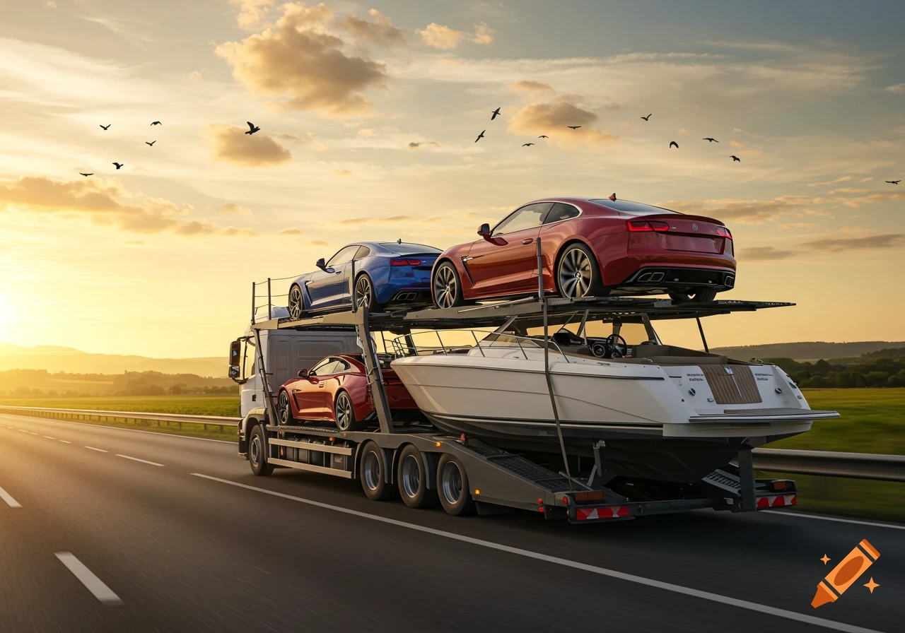 A large car carrier truck transports two sports cars and a motorboat down a highway at sunset, with birds flying in the sky.