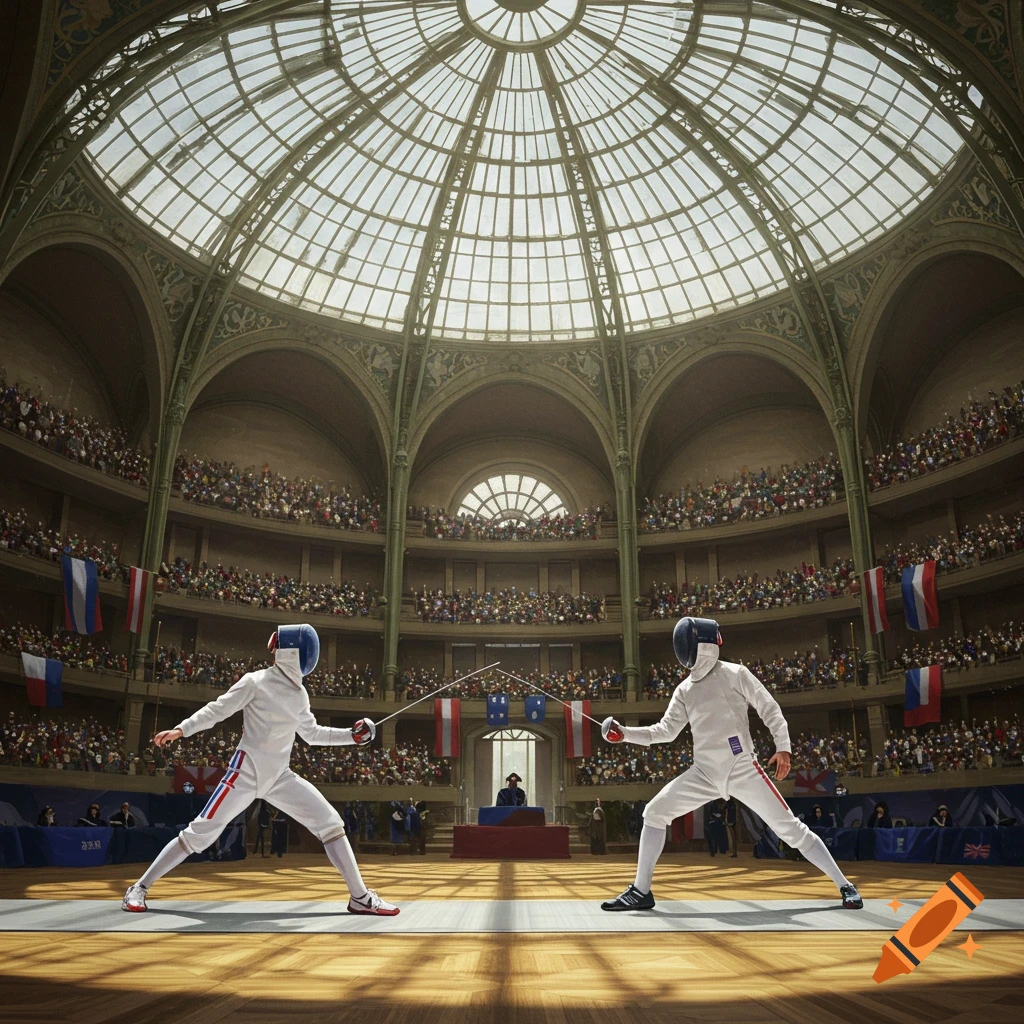 Two fencers duel in a grand arena with a domed glass ceiling, surrounded by a large audience.