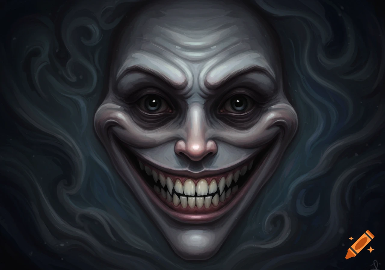 A close-up digital painting of a grotesque, grey-skinned face with a wide, toothy grin and dark eyes, against a swirling dark background.