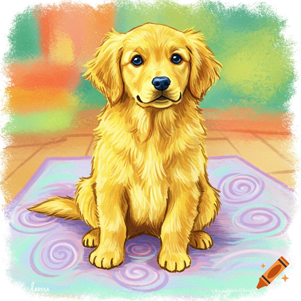 A cute golden retriever puppy with blue eyes sits on a purple mat in a colorful crayon drawing.