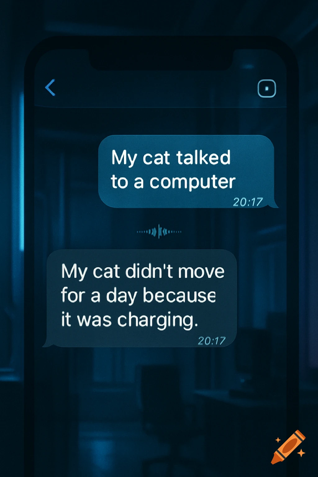 Smartphone screen displays a chat about cats talking to computers and needing to charge.