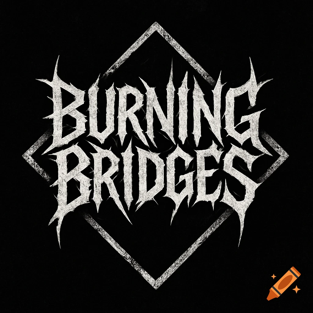 A distressed white logo for 'Burning Bridges' in a spiky metal font, centered within a diamond outline on a black background.