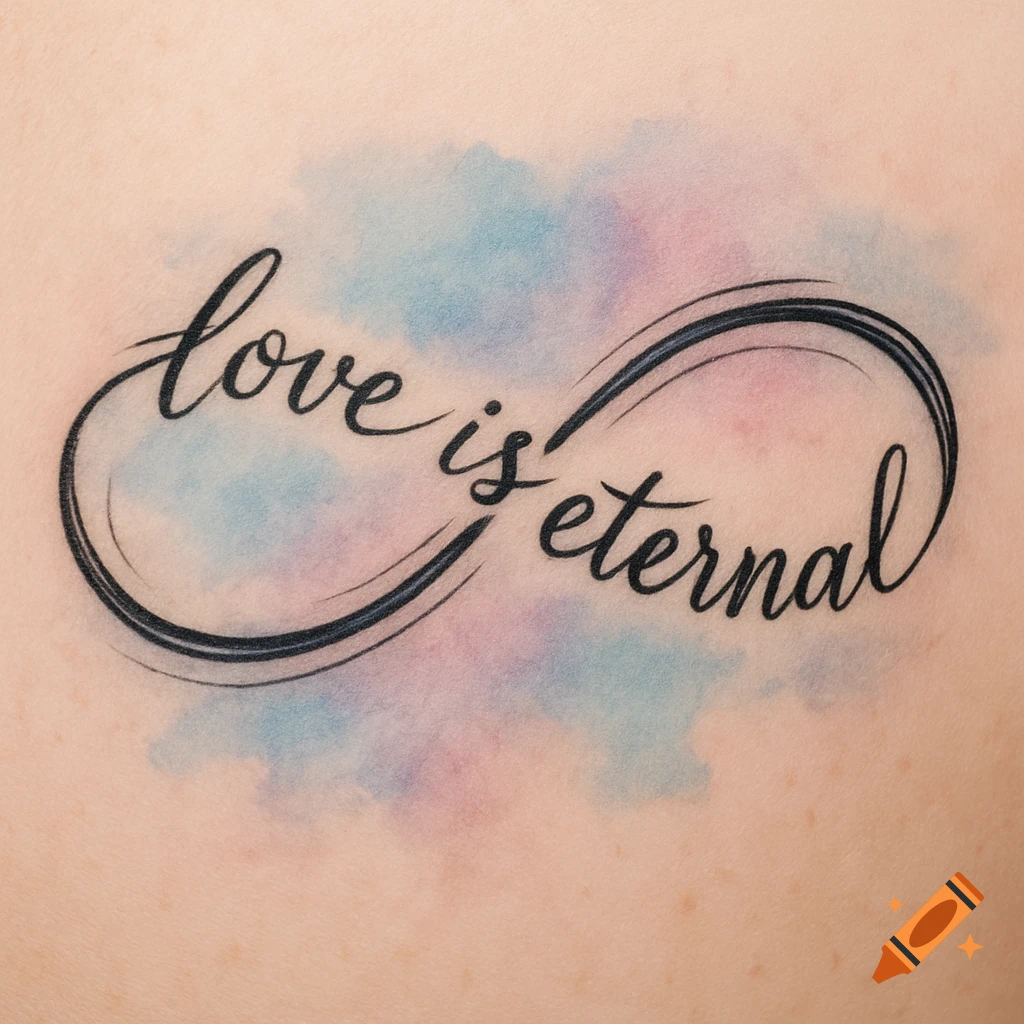A black cursive 'love is eternal' text forming an infinity symbol, with a soft watercolor background of blue and pink hues, tattooed on skin.