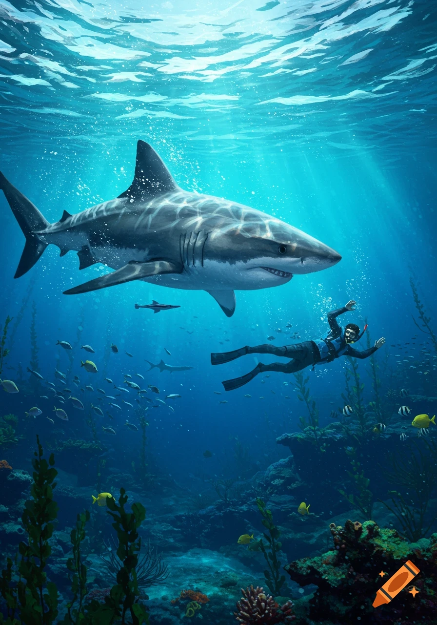 A large great white shark swims towards a diver in an illuminated underwater scene with coral and fish.