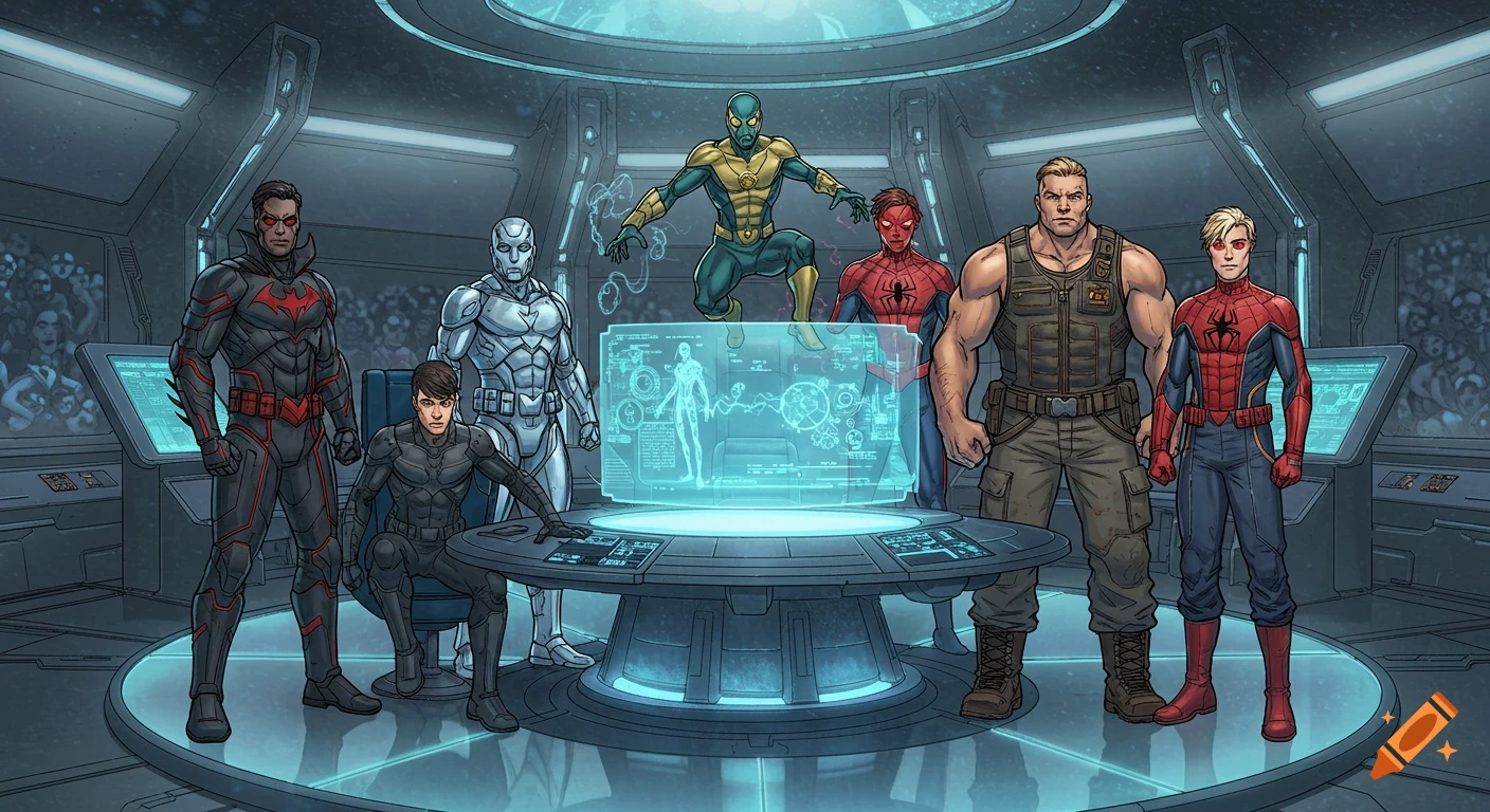 A group of seven diverse superheroes in a futuristic council chamber, with holographic displays and computer screens in a comic book art style.