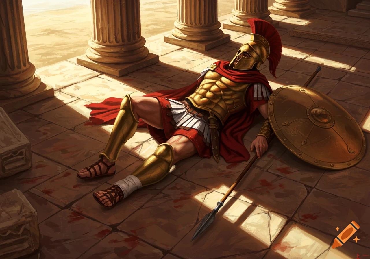 A fallen Macedonian phalangite warrior in golden armor and red cape lies on a bloody stone floor with his shield and spear next to him.