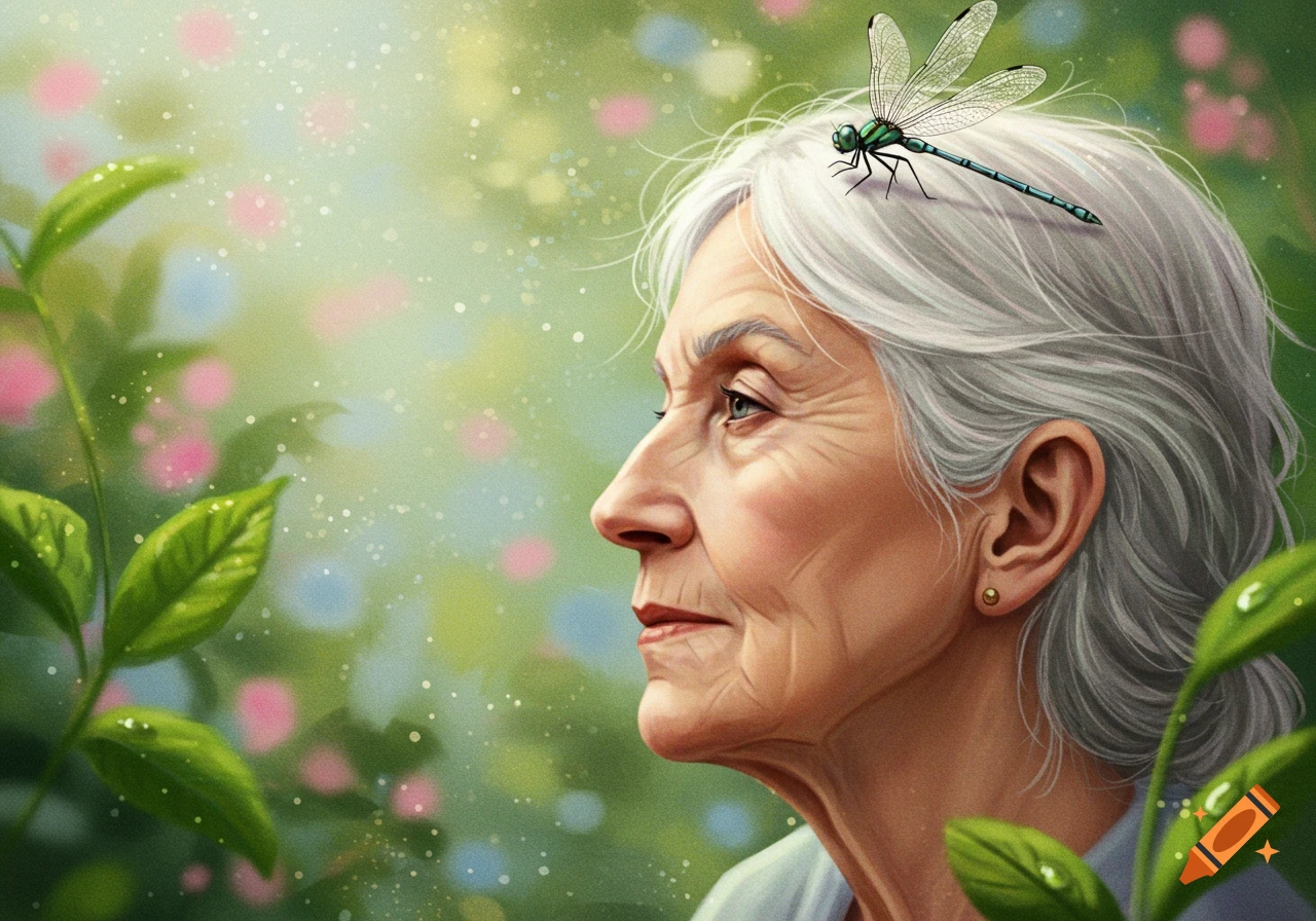 Illustrated profile of an older woman with a green dragonfly on her white hair, looking thoughtful in a pastel green garden.