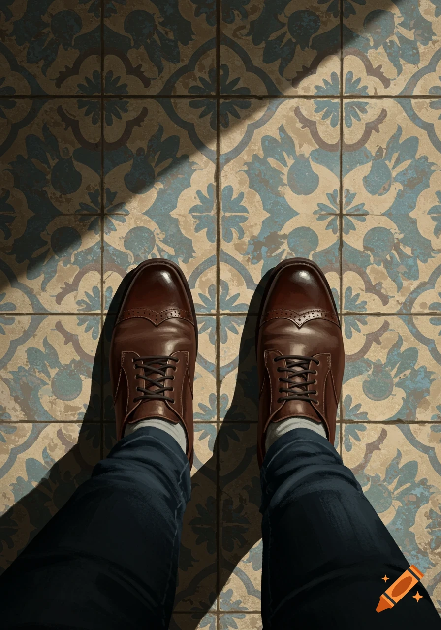 Overhead view of a person wearing brown dress shoes and blue pants standing on an ornate blue and beige tiled floor with strong shadows.