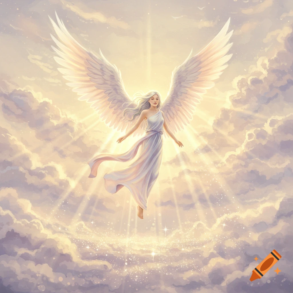 An angel with large white wings and a flowing white dress floats in a bright, cloudy sky with sun rays and sparkling light.