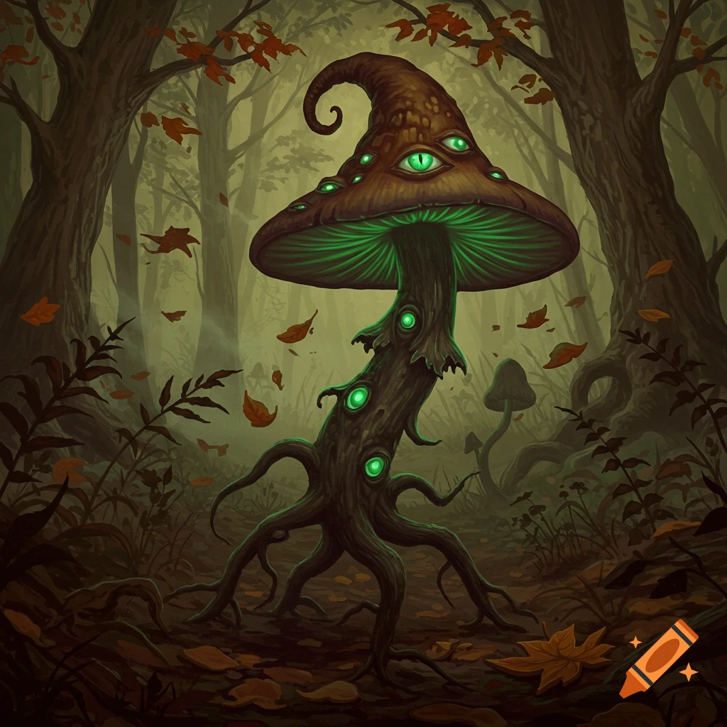 A dark fantasy illustration of an evil mushroom with many glowing green eyes, a pointed cap, and root-like legs, in a misty, autumn forest.