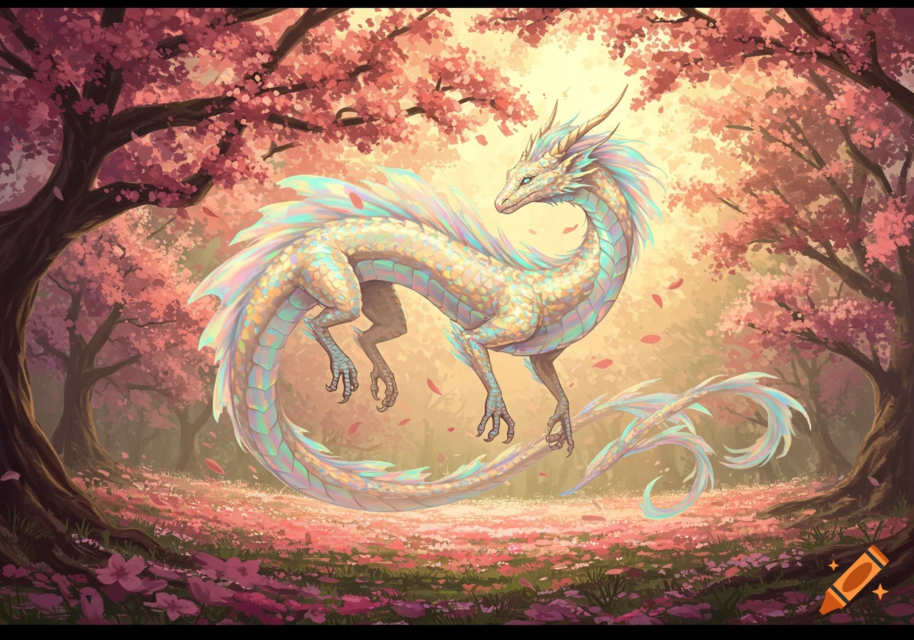 A shimmering, iridescent dragon floats amidst a vibrant cherry blossom forest with pink petals covering the ground, in an illustrative style.