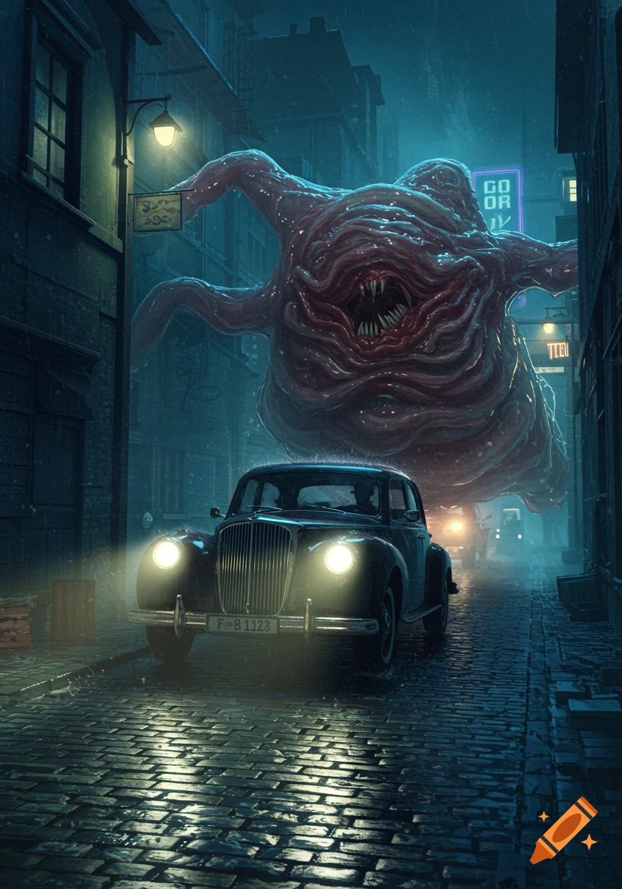 A vintage black car speeds through a dark, rainy city street, pursued by a colossal, red, grotesque monster with tentacles and sharp teeth.