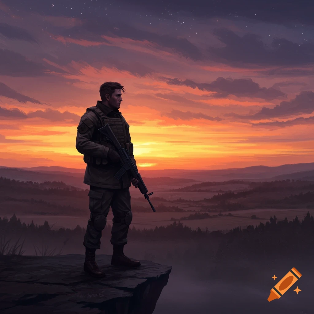 A soldier with a rifle stands on a cliff overlooking a forested valley at a vibrant sunset, digital art style.