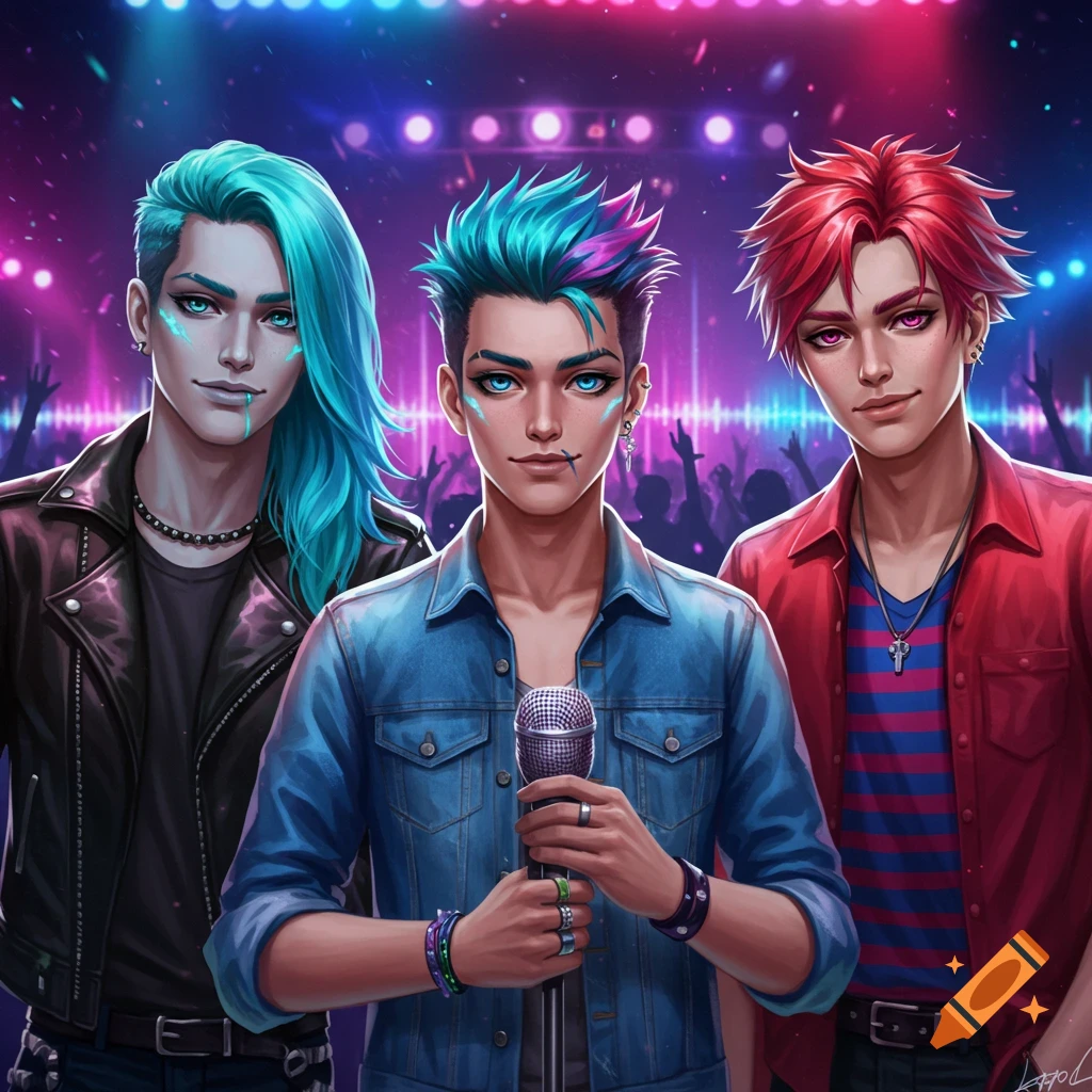 Three anime-style male characters with colorful hair (teal, red) on a vibrant concert stage with neon lights. The center character holds a microphone.