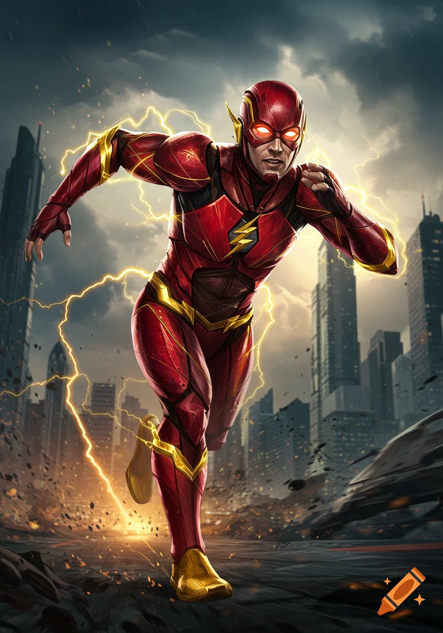 The Flash, a speedster in a red and gold suit, runs dynamically through a city at dusk with lightning crackling around him.