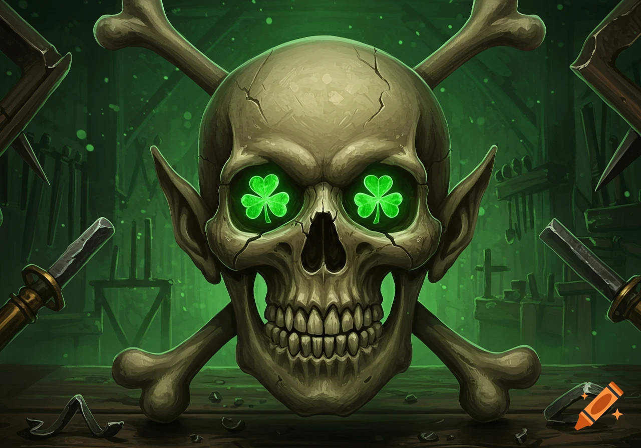 A stylized leprechaun skull with glowing green shamrock eyes and elven ears, surrounded by crossbones and various tools against a dark green background.