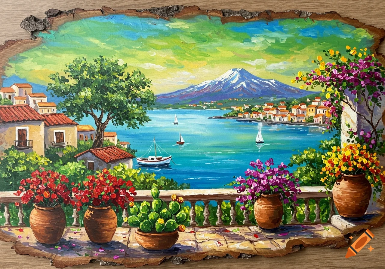 Vibrant decorative painting on rustic wood of a Mediterranean landscape, featuring a village, Mt. Etna, boats on turquoise water, and a flower-filled terrace.
